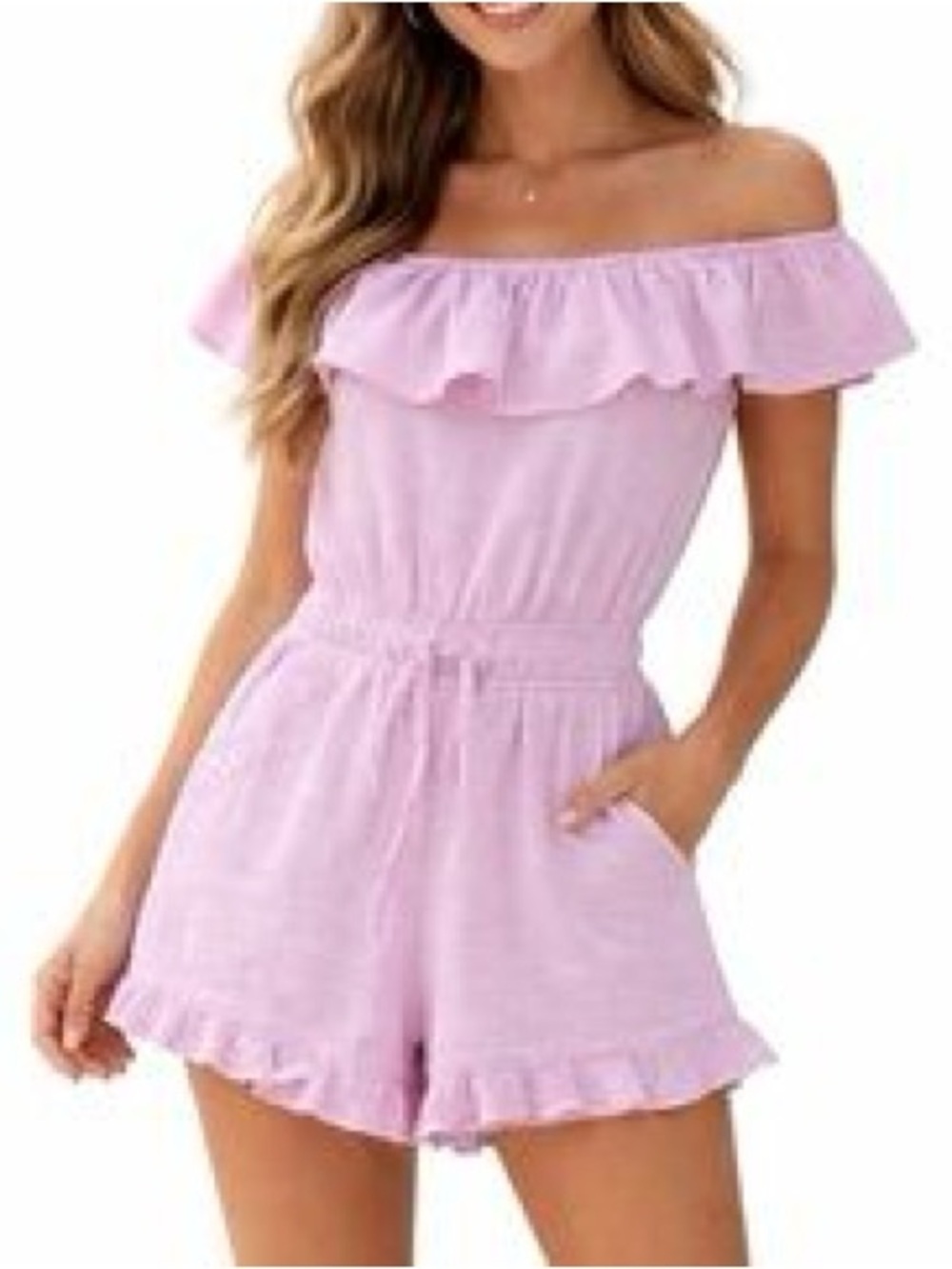 Ocean Drive Lavender Ruffle Off-Shoulder Romper